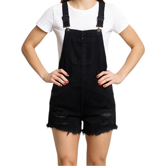 American Eagle Black Shortalls Overalls Relaxed Fit Jean Shorts Black Small 34" - Picture 1 of 5